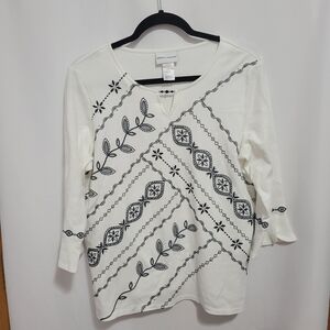 Alfred Dunner White/Black 3/4 Length Sleeve Top w/ Rhinestone Embellishments, M